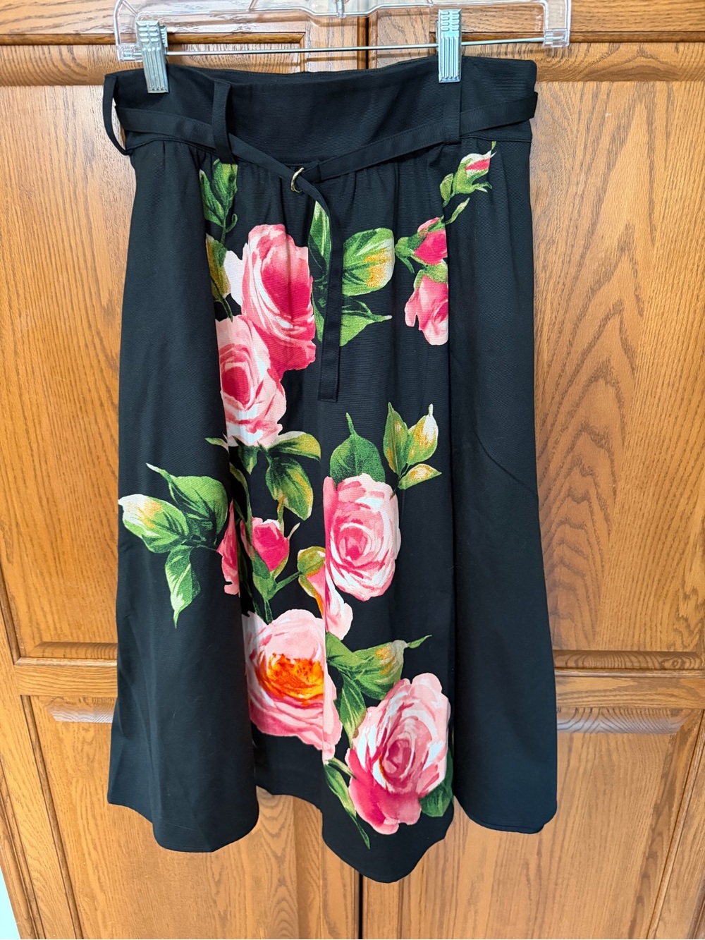 Black Floral White House Black Market A-line Skirt with Pink Rose Print